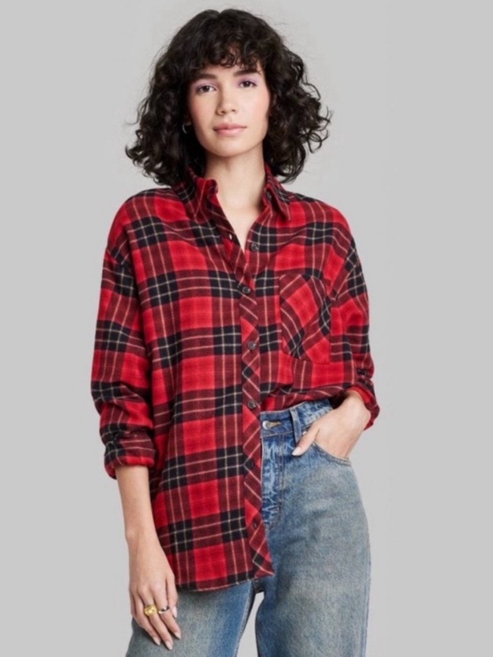 Wild Fable Oversized Red Flannel Button Down Tunic Shirt Pockets Medium